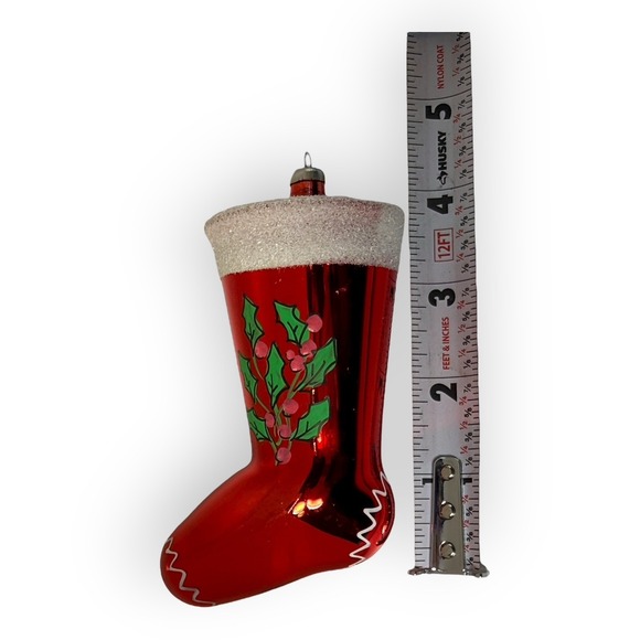 VTG Italian Glass Xmas Ornament Red Stocking Holly 5" Italy De Carlini Style - Picture 5 of 7